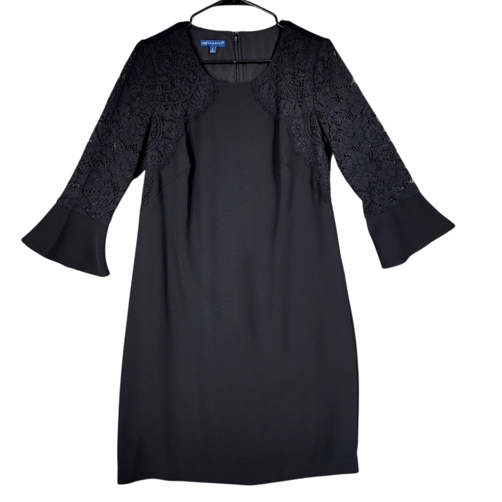 Talbots RSVP Shift Dress sz 8‎ Women Black Crepe & Lace Bell Sleeve LBD Feminine